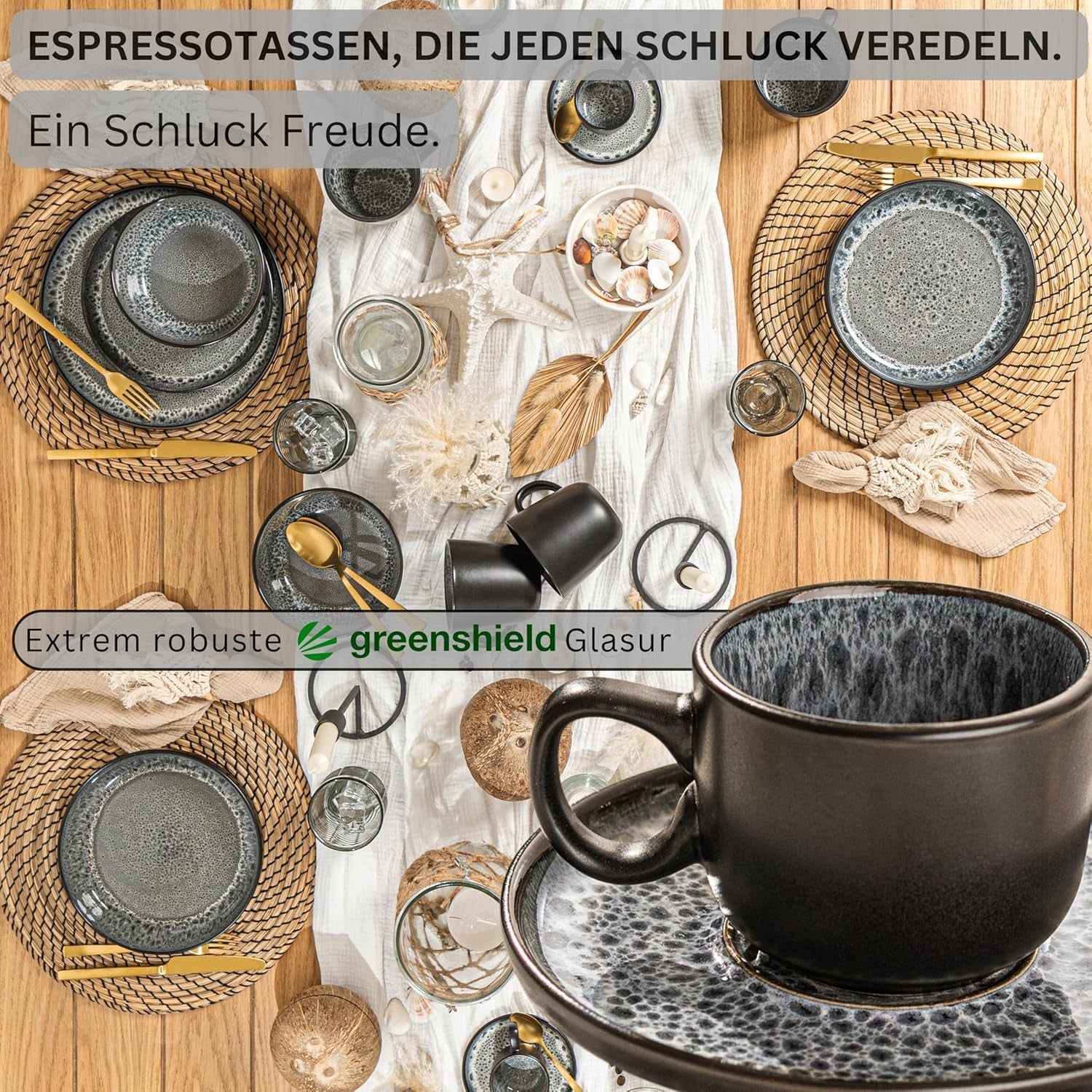 SANGER Sydney | Keramický šálek na espresso sada 12 ks, sada mocha šálků pro 6 ks, šálky a podšálky, vhodné do myčky a mikrovlnné trouby, tmavě šedá, 80 ml | SBÍRKA HODNOT