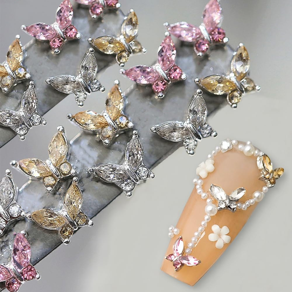 Mini Butterfly Zirkonové řetízky na klíče na nehty Y2K Bílá šampaňská Růžová drahokamu Crystal Butterfly Key Chains Nehty 3D Butterfly Design nehtů Klíčenky Butterfly Nails Dekorace Nail Art Klíčenky Nehtové doplňky