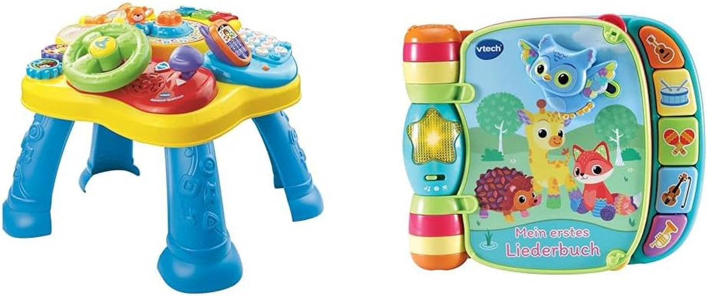 Hrací stolek VTech Baby Adventure - Barevný dětský hrací stolek se 6 hracími poli a interaktivními prvky & Miminko Moje první písnička Šestistránková barevná kniha a pohyblivý hrací stolek Hračky Bebe Naty Shop Balíček písniček Balíček Easymail