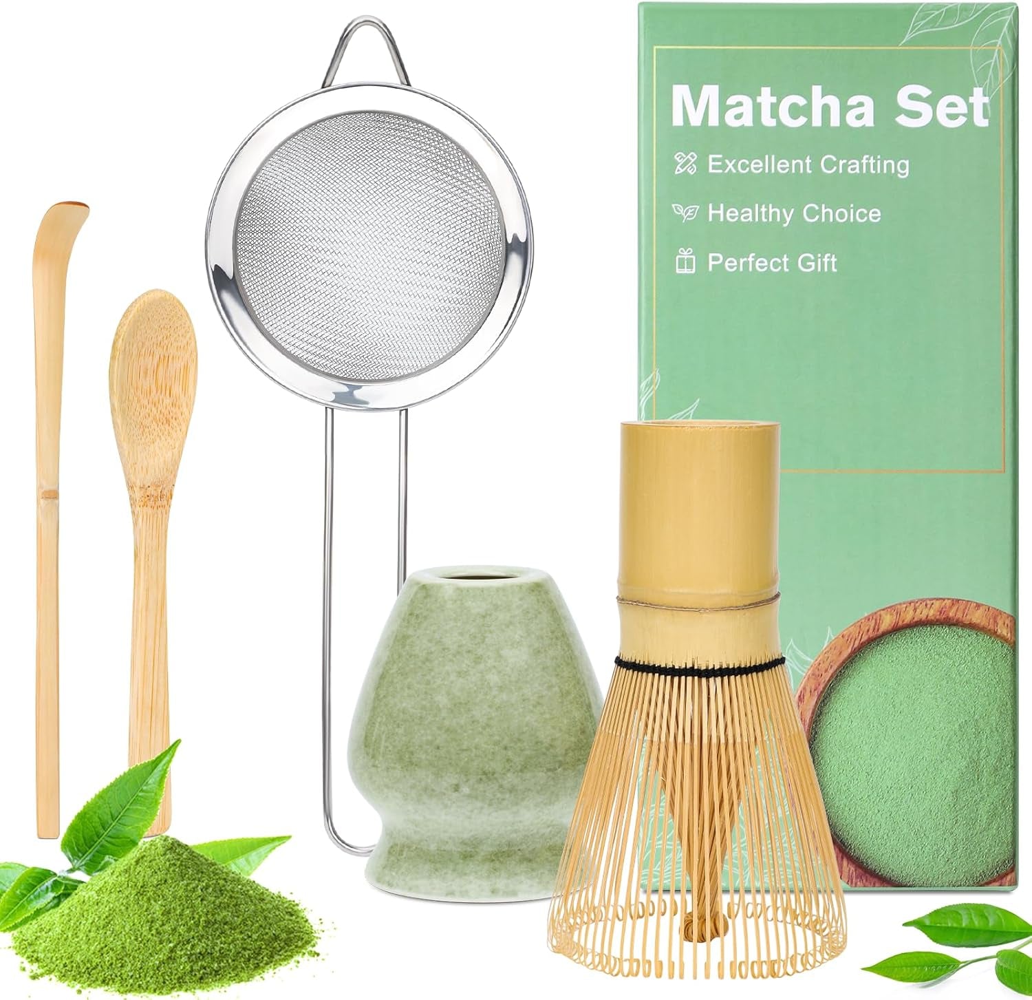 Alyvisun Matcha Set, 5dílný Matcha čajový set s Matcha konvičkou a Matcha stojánkem, Čajová lžička, Čajová lžička, Matcha čajový set pro milovníky Matcha, Ideální pro začátečníky a nadšence