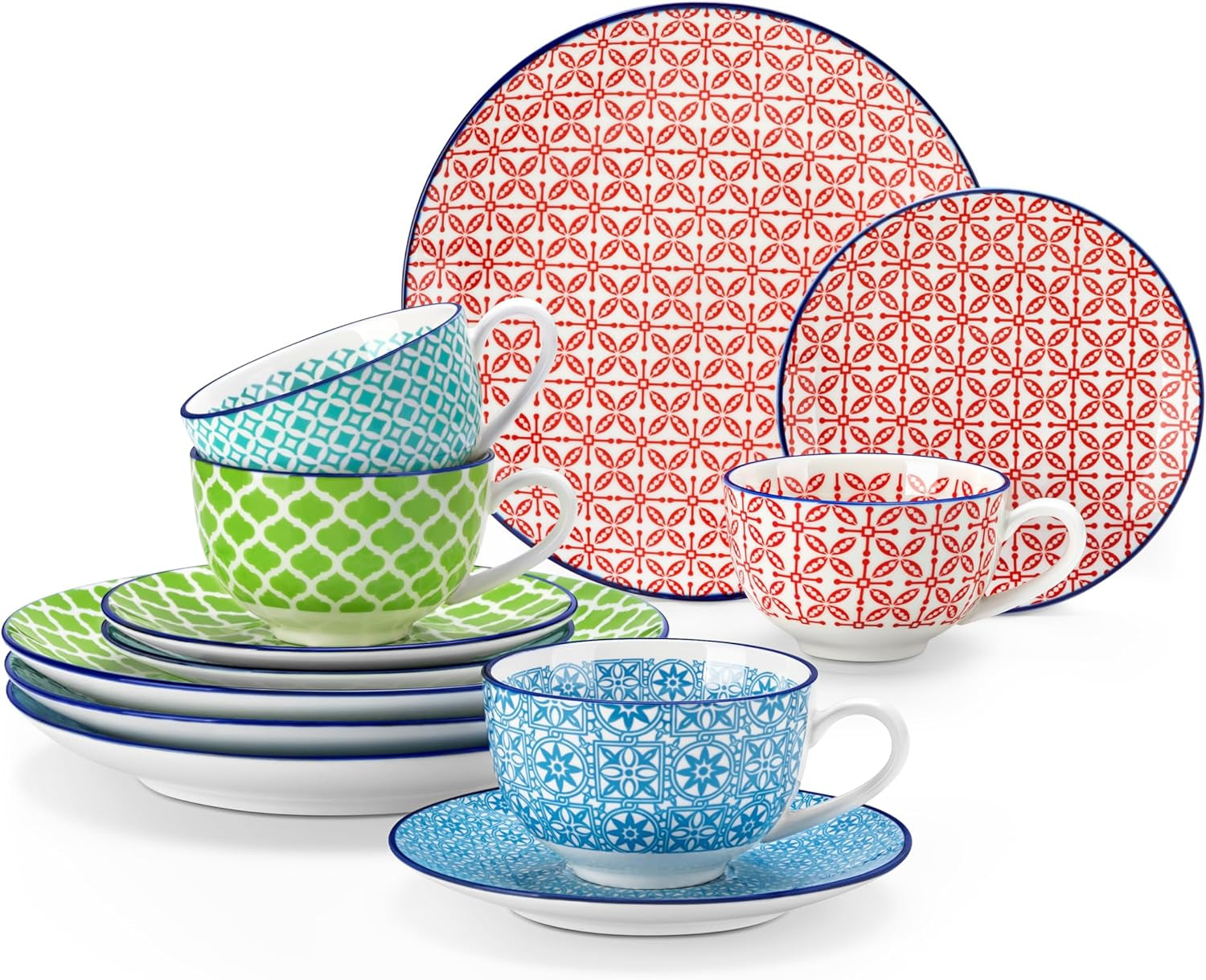 Porcelánová kávová sada Vancasso Macaron, 12dílný barevný kávový servis pro 4-12 osob, sada šálků, včetně šálků na kávu, podšálků a dezertních talířků