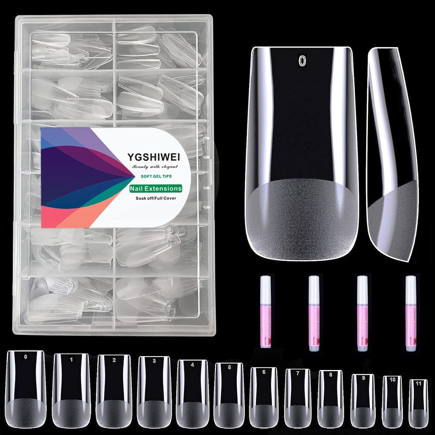 Full Cover False Nails 504 Pack 12 velikostí Umělé nehty s lepidlem na nehty Akrylové umělé nehty s úložným boxem pro nehtové salony a domácí nail art (čtvercové)