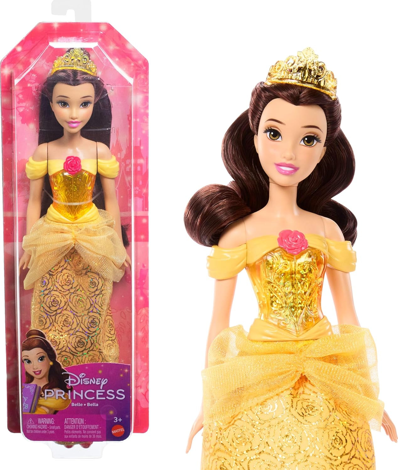 Mattel Disney Princess Toy Kloubová panenka Belle Fashion se třpytivým oblečením a doplňky Dárek pro děti inspirovaný filmem Disney HLW11