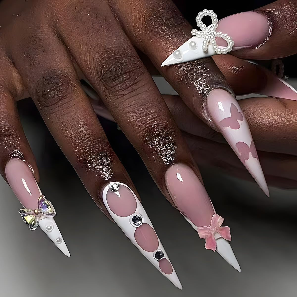 Moonglow dlouhé nehty jehlové mléčně bílé růžové třpytky s přechodem Cool falešné nehty s lepidlem růžové ombre třpytky umělé nehty