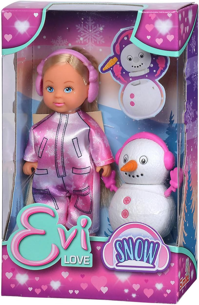 Simba 105733646 - Evi Love Snow, panenka v roztomilé sněhové kombinéze se sestavitelným sněhulákem, 12 cm, věk 3+
