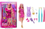Barbie Totally Hair – panenka se snadno upravitelnými extra dlouhými duhovými vlasy a 10 módními a stylingovými doplňky, puntíkované šaty s barevnými bloky, pro děti od 3 let, HKT96