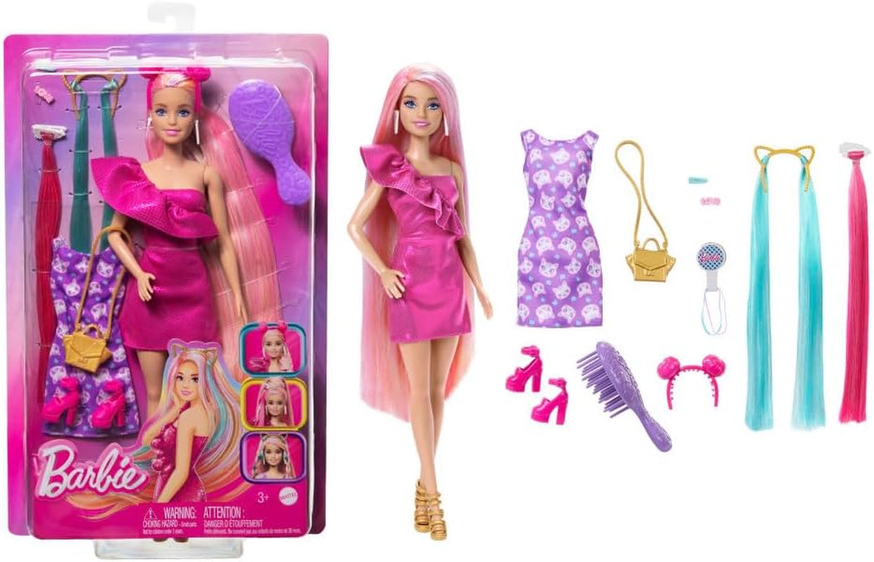 Barbie Totally Hair – panenka se snadno upravitelnými extra dlouhými duhovými vlasy a 10 módními a stylingovými doplňky, puntíkované šaty s barevnými bloky, pro děti od 3 let, HKT96