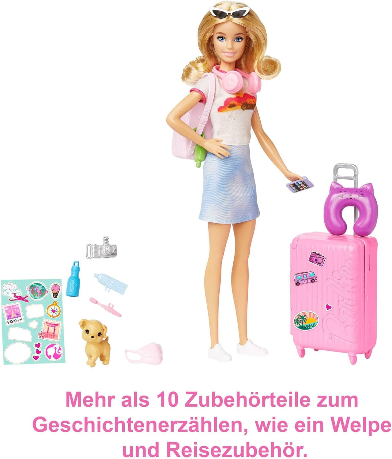 Panenka Barbie, Cestovní Barbie s blond vlasy, 10+ Cestovní doplňky, Nálepky, Kufr, Štěně, Obsahuje 1 panenku, Dárek pro děti, Hračka od 3 let, HJY18