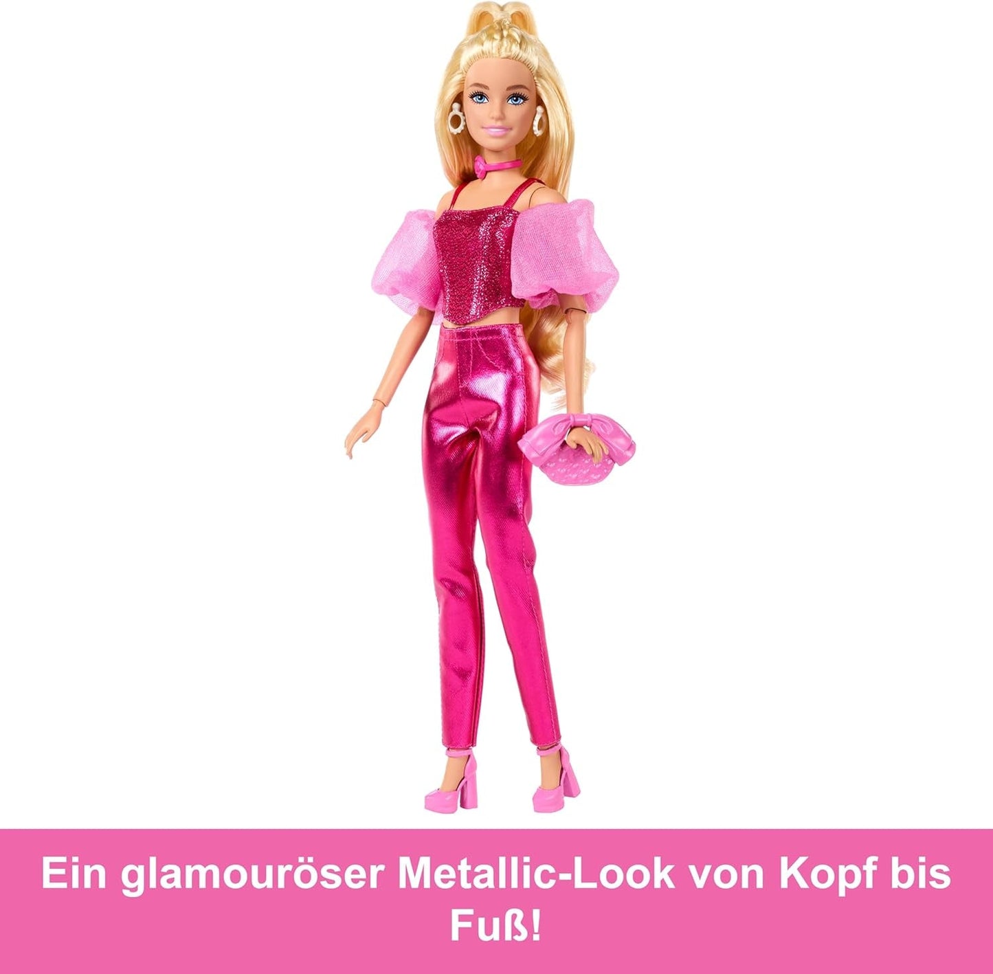 Panenka Barbie Deluxe Style #5 v metalicky růžovém blond oblečku s třpytivým živůtkovým topem a třpytivými kalhotami, s doplňky včetně růžového náhrdelníku a kabelky, JFP40