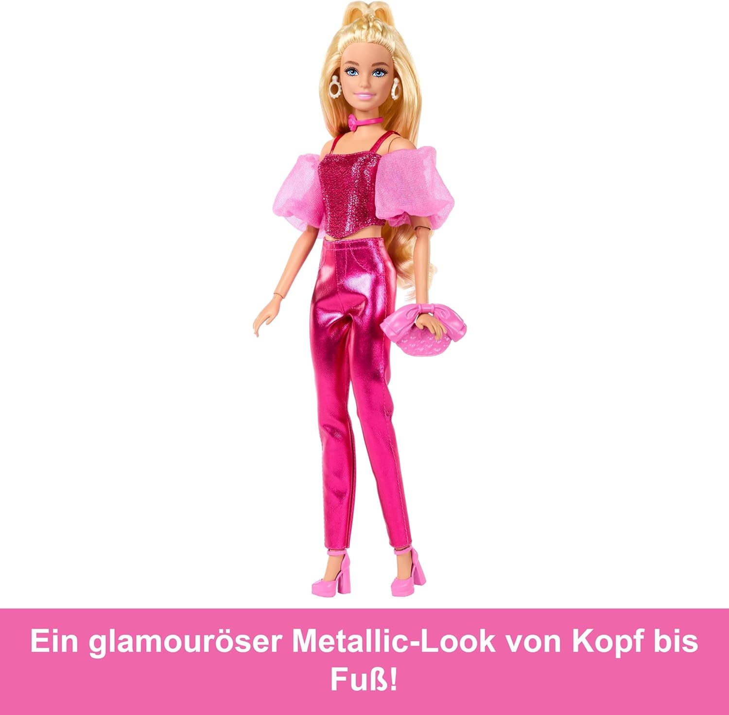 Panenka Barbie Deluxe Style #5 v metalicky růžovém blond oblečku s třpytivým živůtkovým topem a třpytivými kalhotami, s doplňky včetně růžového náhrdelníku a kabelky, JFP40