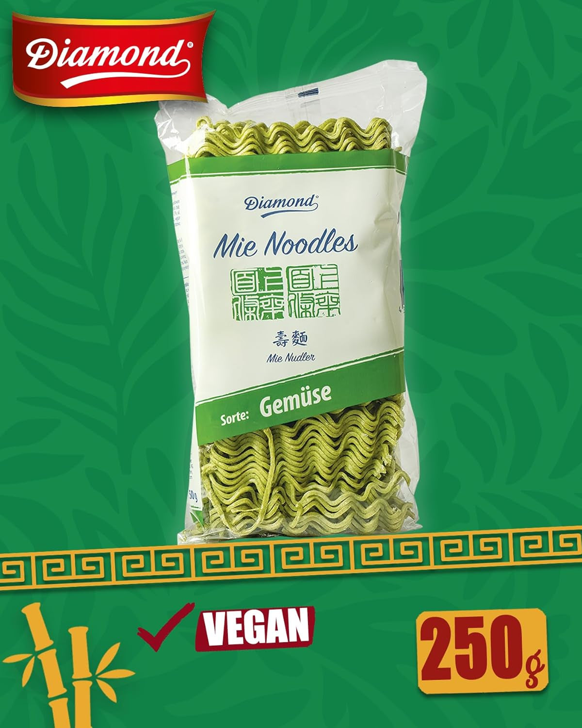 DIAMOND Mie zeleninové nudle, pšeničné nudle se zeleninovým práškem, bez vajec, rychlé a snadné, vegetariánské - 1 x 250 g