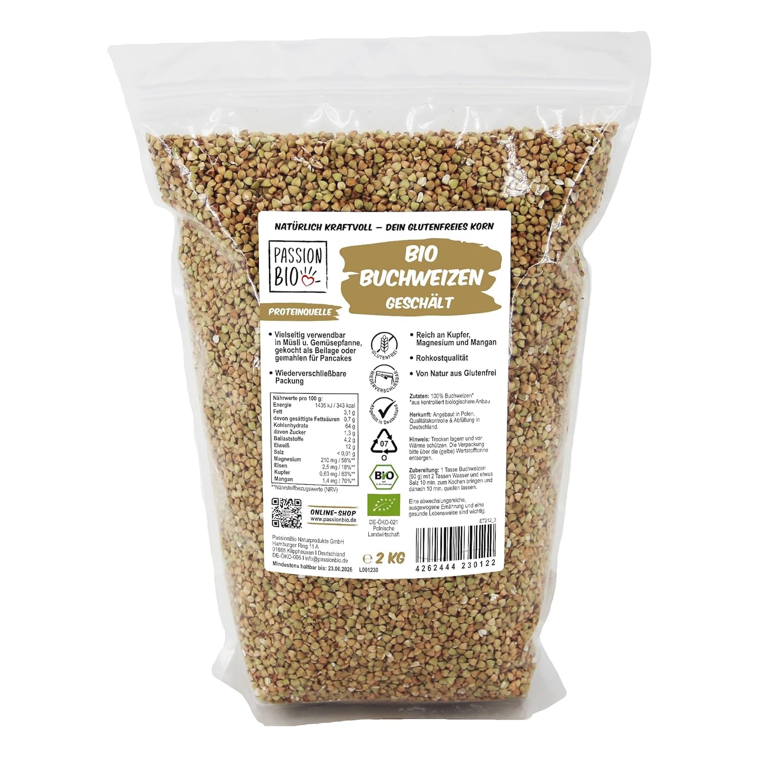 PassionBio bio pohanka 2 kg - znovu uzavíratelný obal - raw food grade