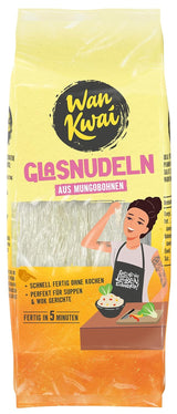 Skleněné nudle Wan Kwai 100g – Gurmánská asijská odrůda! Bezlepkové, vyrobené ze škrobu z fazolí mungo a vody. Ideální do polévek, wok jídel a salátů. Jemná textura, hotová za 5 minut.