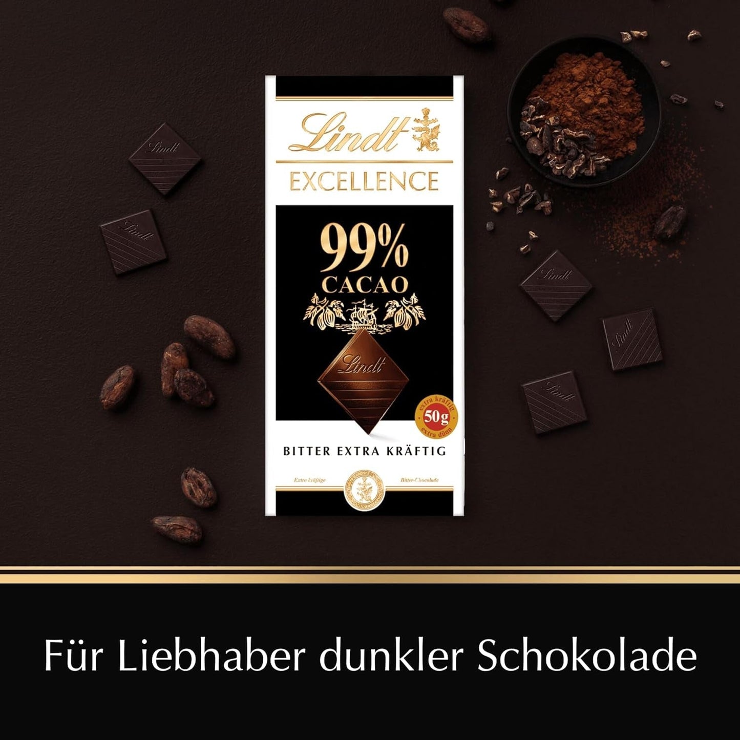 Lindt EXCELLENCE 99% Kakao - Edelbitter-Chocolate | 50 G Tafel | Extra Kräftige Hořká čokoláda | Zesilovač Kakao-Geschmack | Hořká čokoláda | Veganská čokoláda | Schokoladengeschenk Naty Shop