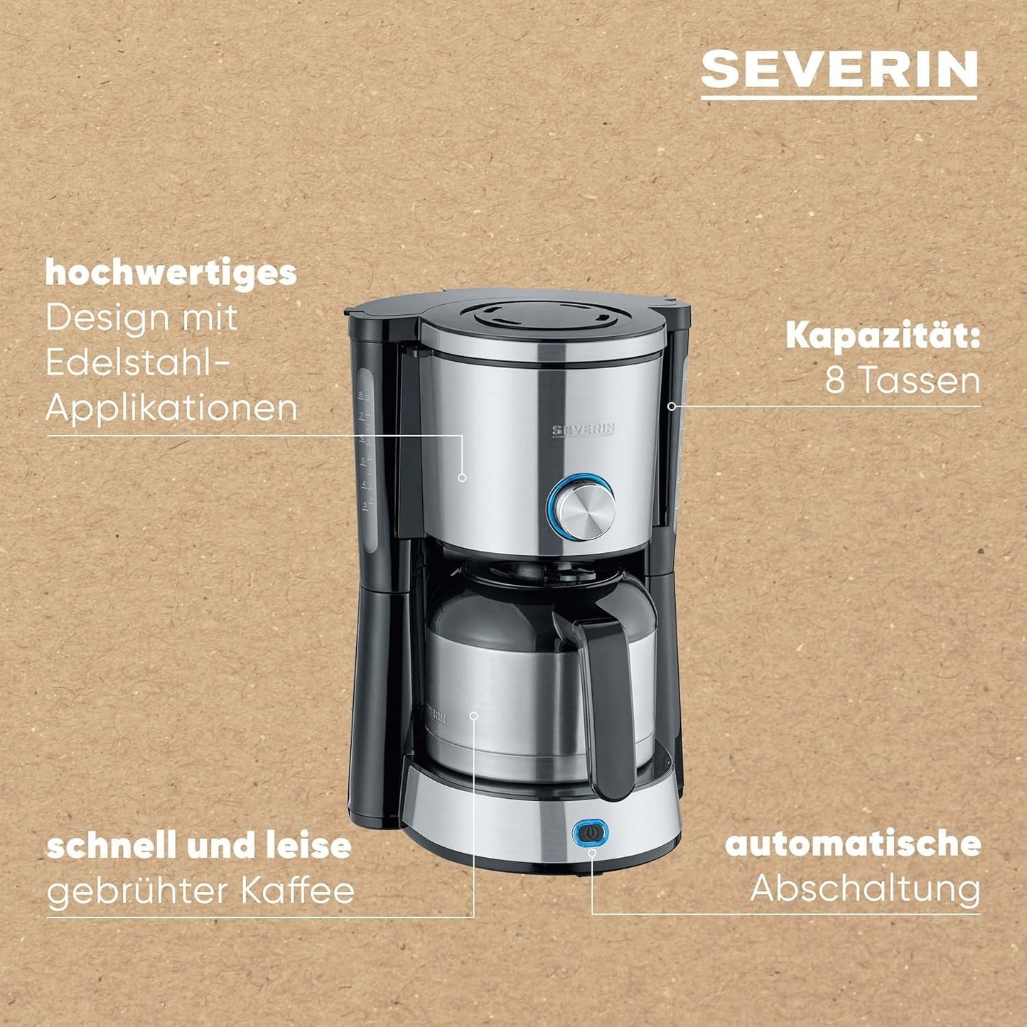 Espresso kávovar SEVERIN "TypeSwitch" s termální karafou, AromaSwitch pro výběr mezi 2 spařovacími profily, kávovar až na 10 šálků, 1000W, broušená nerez-černá, KA 4845