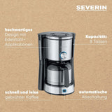 Espresso kávovar SEVERIN "TypeSwitch" s termální karafou, AromaSwitch pro výběr mezi 2 spařovacími profily, kávovar až na 10 šálků, 1000W, broušená nerez-černá, KA 4845