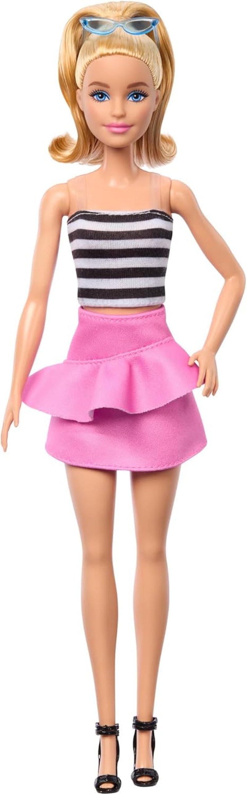 Panenka Barbie Fashionistas č. 213 blondýnka v pruhovaném top růžové sukni a slunečních brýlích Sběratelská módní panenka 65. narozeniny HRH11 Naty Shop Dolls