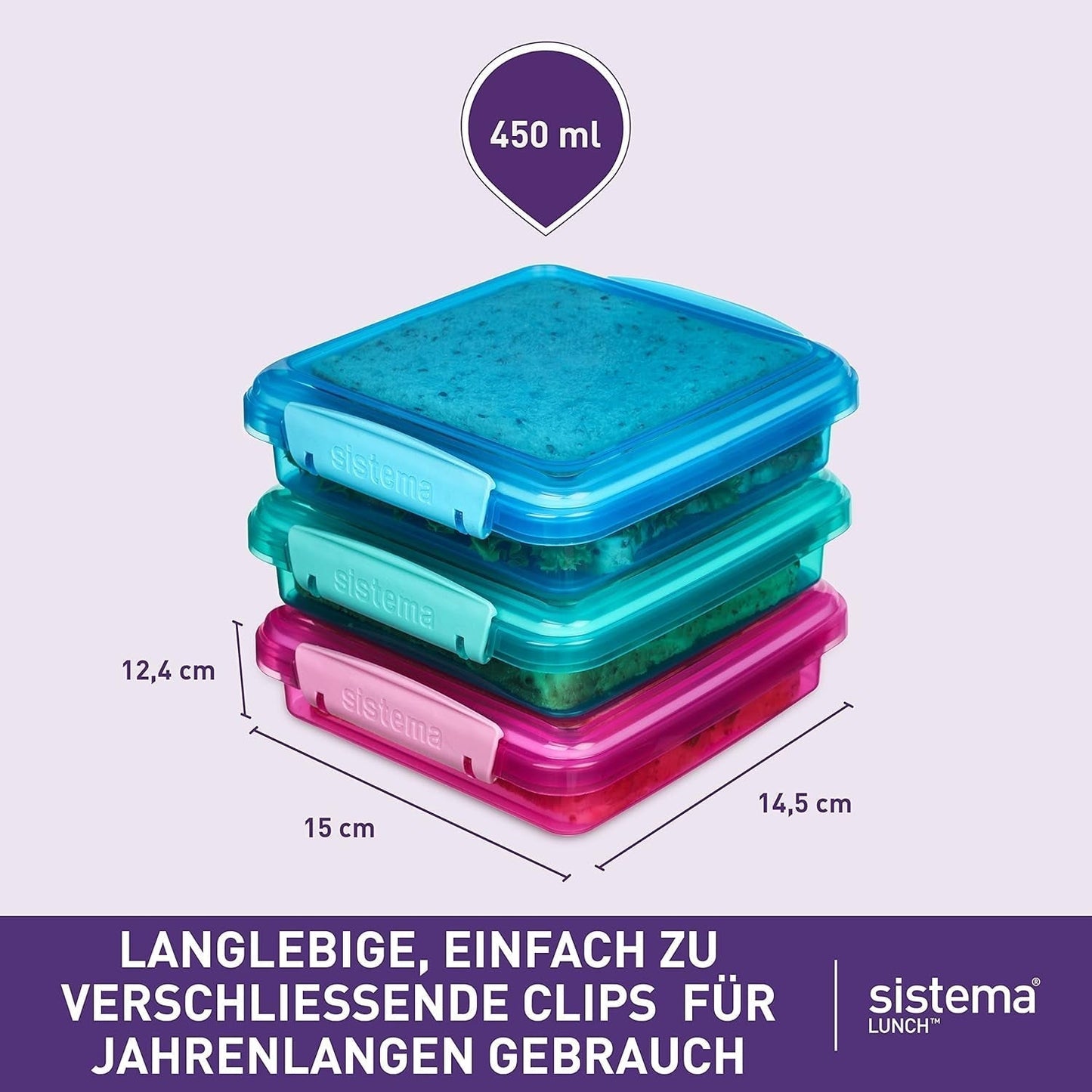 Systém sendvičových boxů na oběd | 450 ml | stohovatelný a vzduchotěsný obědový box s víkem | pro děti i dospělé | bez BPA | smíšené barvy | 3 kusy Naty Shop boxy na skladování potravin