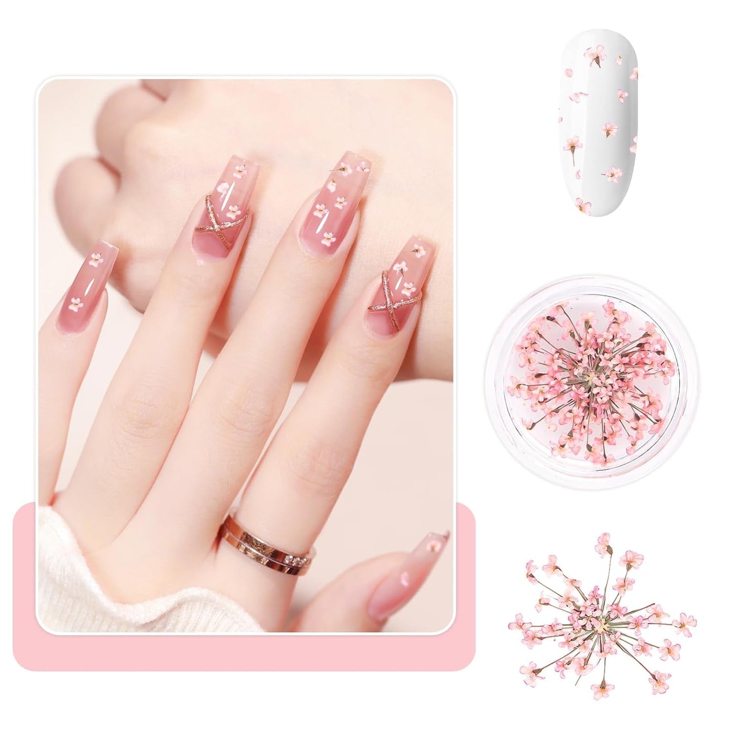 Nail Art Flower Set Decoration - Gelnägel Zubehör 3 Farben (oranžová, Blassrosa, Rose), Nail Art Aufkleber Trockene Blumen Kit Getrocknete Blumen Zubehör Set DIY Nageldekoration