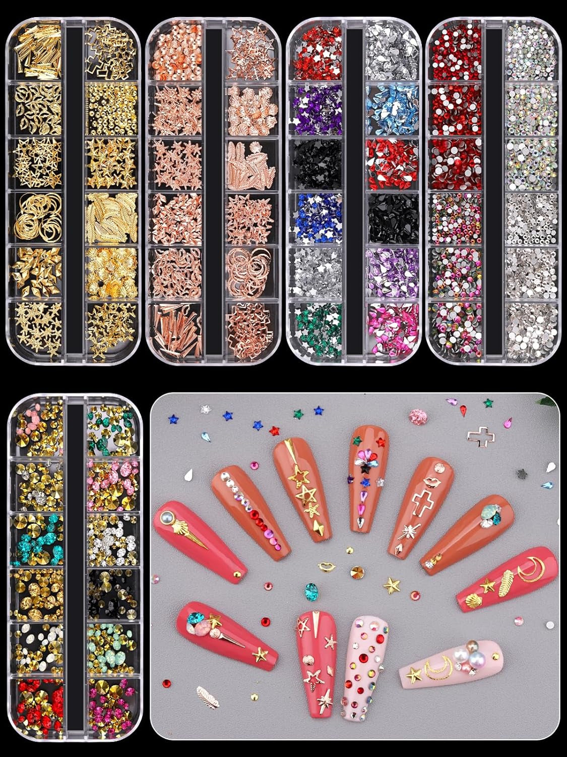 EBANKU Nail Art Strass Kit Multi Design Zubehör Mit 1 Pinzetten 1 Stück Wachsstifte Deko Diamanten Kristalle Perlen Edelsteine ​​​​Bunt Pferdeaugen Strass Metall Nieten Für Nagel DIY (1 kus (10Er Pack))