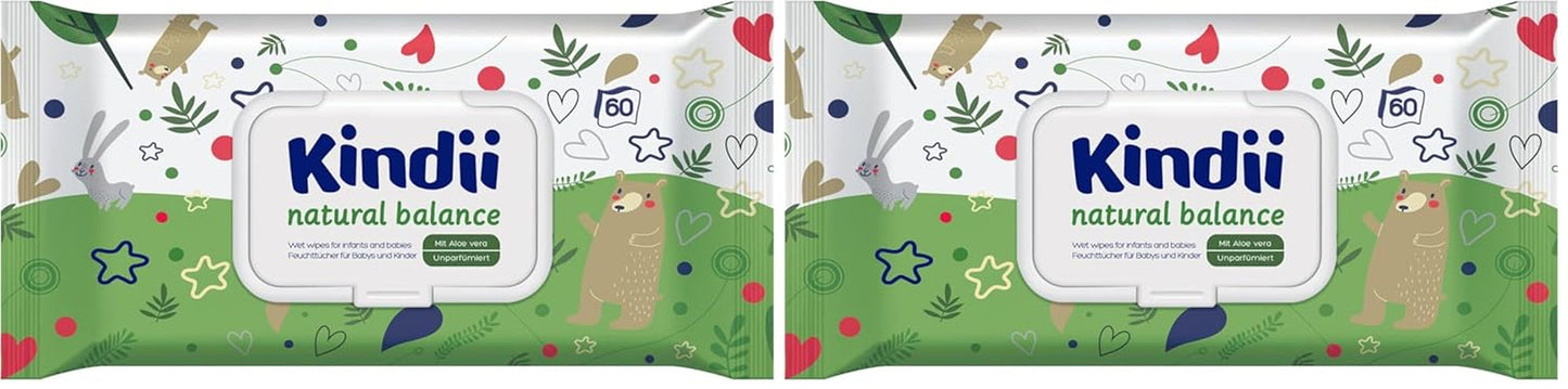 Kindii Natural Balance vlhčené ubrousky pro miminka – (1 x 60 ks) Vlhčené ubrousky pro miminka a děti – Ochranné, Aloe Vera, Jemná vůně – 60 ks.
