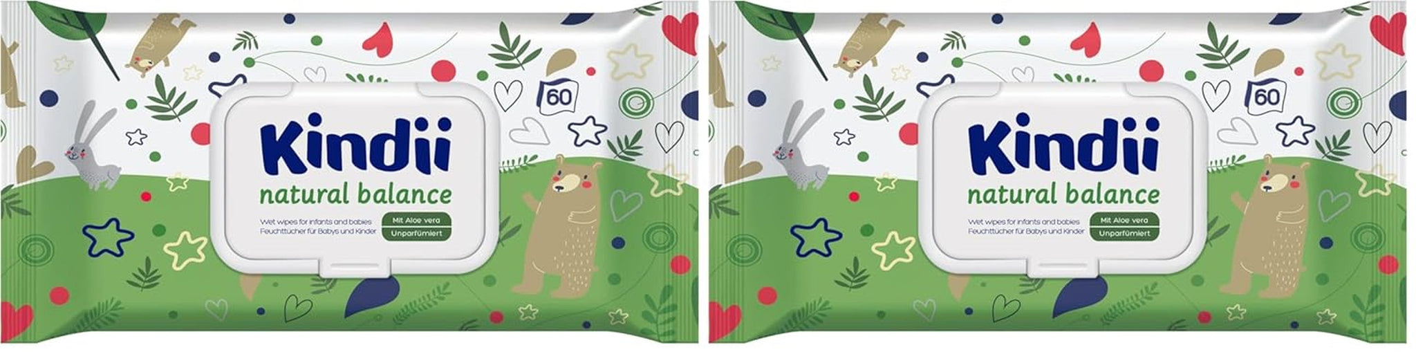 Kindii Natural Balance vlhčené ubrousky pro miminka – (1 x 60 ks) Vlhčené ubrousky pro miminka a děti – Ochranné, Aloe Vera, Jemná vůně – 60 ks.