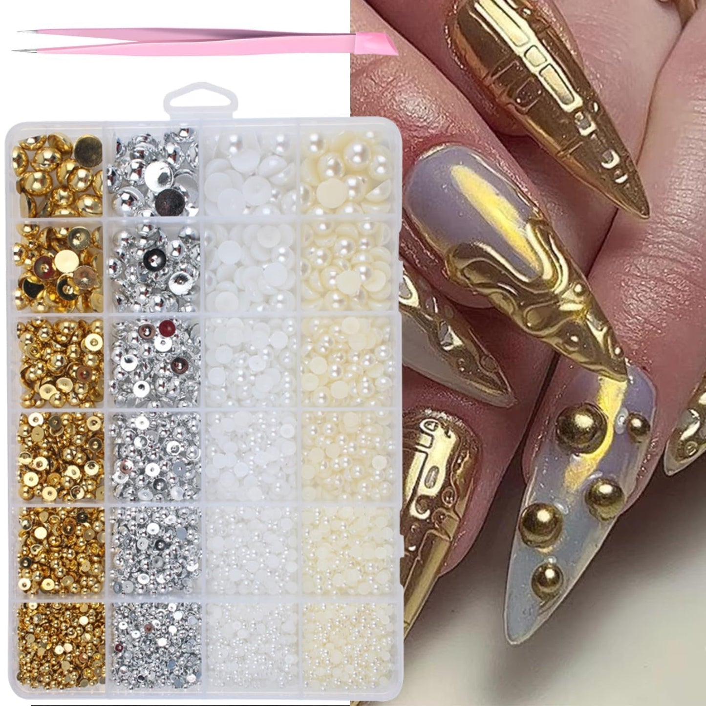 GZMAYUEN 920Pcs Zlatá Stříbrná Perlen s plochým zády pro nehty, Halbrunde Weiße Beige Perlen na nehty, Kleine Halbrunde Perlen s plochým zadním dílem Für DIY Nail Art Decor