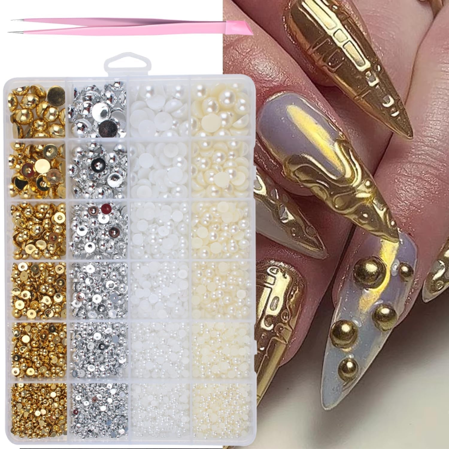 GZMAYUEN 920Pcs Zlatá Stříbrná Perlen s plochým zády pro nehty, Halbrunde Weiße Beige Perlen na nehty, Kleine Halbrunde Perlen s plochým zadním dílem Für DIY Nail Art Decor