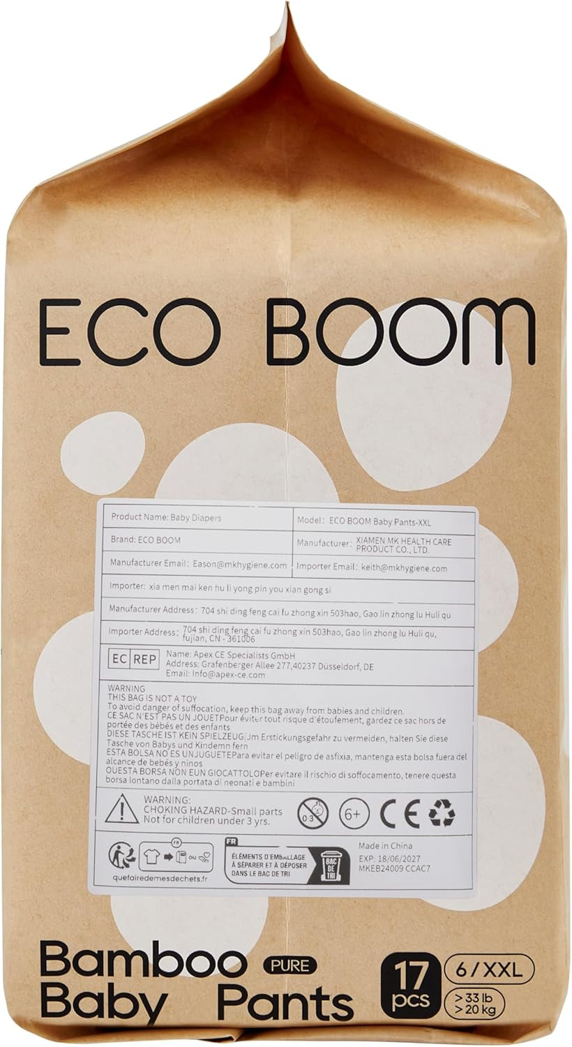 Bambusové dětské plenky ECO BOOM – velikost 6 (20 kg), rostlinné stahovací plenky (17 ks) – prémiové organické, bez parfemace, šetrné k pokožce, super savé