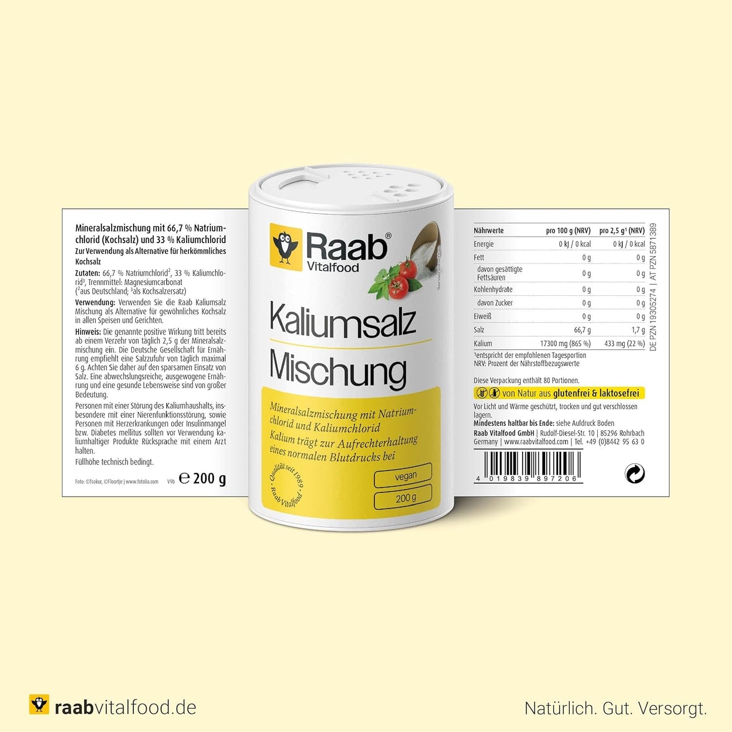 Raab Vitalfood Kalium salt-Mischung, Mineralsalzmischung mit 66,7% Natriumchlorid (Kochsalz) and 33% Kaliumchlorid, Kalium trägt zur Aufrechterhaltung eines normalen Blutdruck bei (1 x 200 g Dávka)