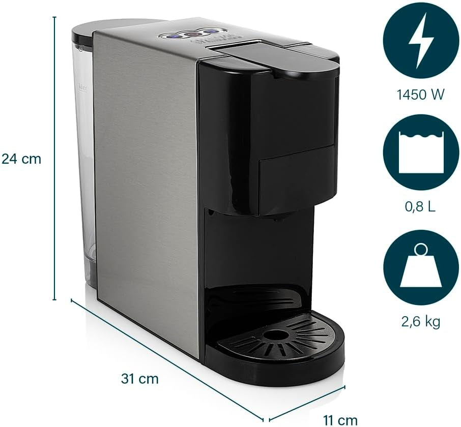 Princess 4v1 multikapsulový espresso kávovar - 1450 wattů, kapsle, kapsle, mletá káva, BPA free, 249450, 01.249450.01.001, černá, stříbrná
