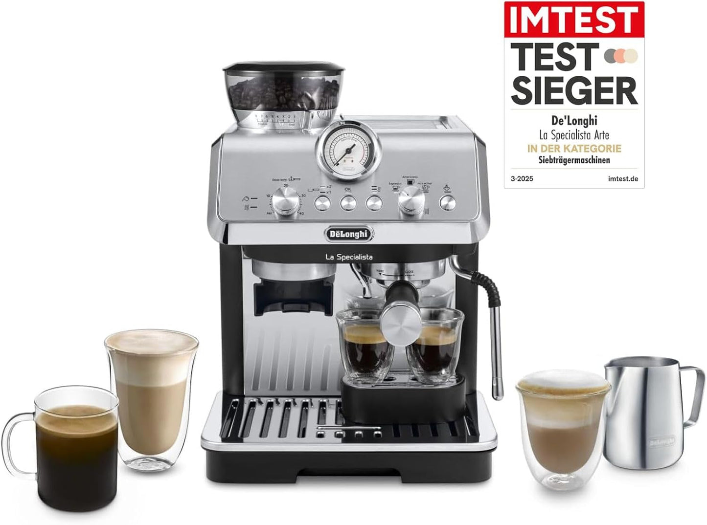 Portafiltrační espresso kávovar De'Longhi La Specialista Arte EC9155.MB s mlýnkem, 8 nastavení mletí, tlak 15 barů, 3 nastavení teploty, napěňovač mléka, 1550 W, nádrž 1,7 l, nerez/černá, včetně baristické sady
