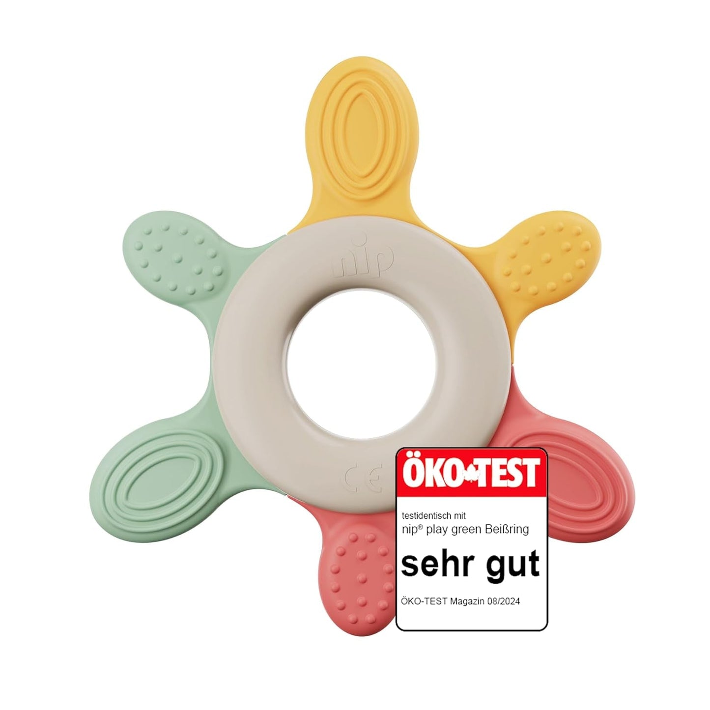 štipka – kousací kroužek | Udržitelný kousací kroužek pro miminka od 3 měsíců vyrobený z více než 65 % přírodních surovin. Pro jemnou masáž dásní, jazyka a zubů | Červená/zelená/oranžová