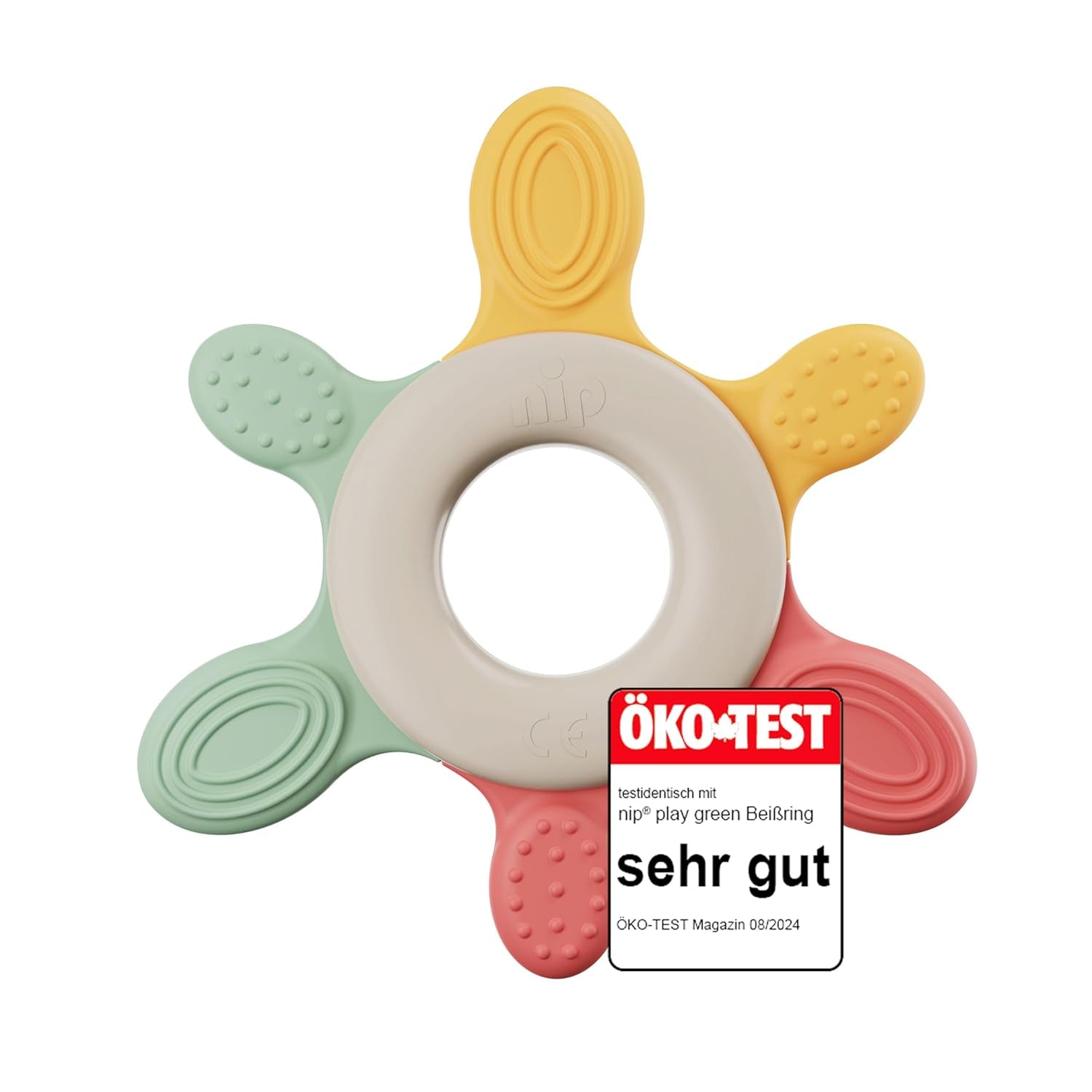 štipka – kousací kroužek | Udržitelný kousací kroužek pro miminka od 3 měsíců vyrobený z více než 65 % přírodních surovin. Pro jemnou masáž dásní, jazyka a zubů | Červená/zelená/oranžová