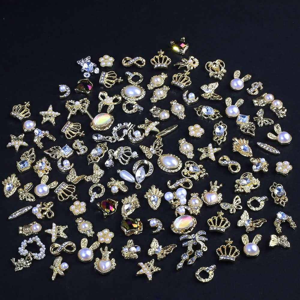 50 zlatých přívěsků na nehty Stück, mix stylů Glitzersteine ​​Nägel Perle Legierung Nagel Steine ​​​​Blume Schmetterling Strasssteine ​​​​Nägel Herz Stern Nagel Charms DIY Nail Art Zubehör Frauen Nägel Deko