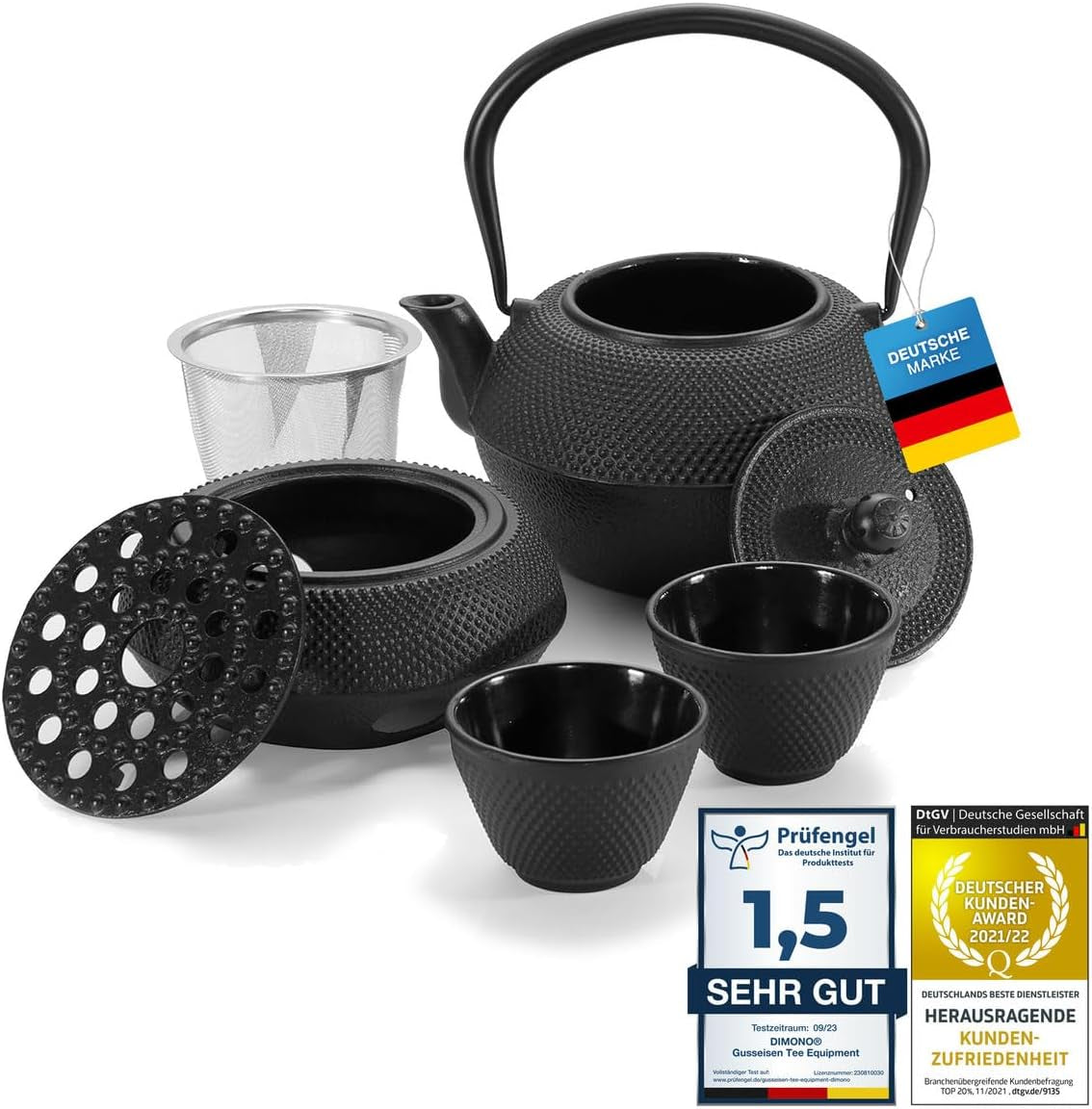Tradiční litinový čajový set Dimono: konvička, ohřívač a 2 šálky