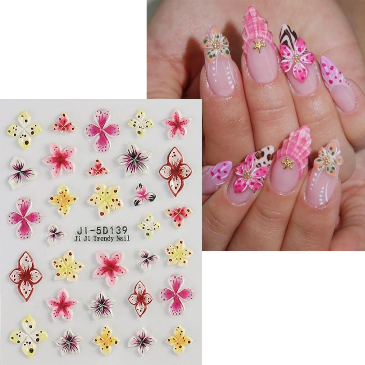 JMEOWIO 3D Nálepka na nehty Colorful Flower Nail Art Nálepka Selbstklebend Nagelaufkleber 5D Stereoskopické Jaro Léto Květinová dekorace Nageldesign Zubehör 4 Blatt