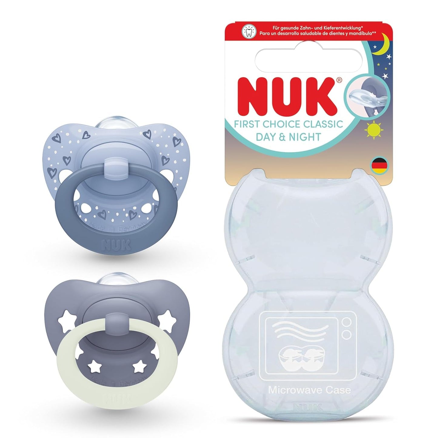 NUK First Choice Classic Day & Night dudlíky pro miminka | 6-18 měsíců | Ortodontické dudlíky, které svítí ve tmě | 95% přijetí miminky** | Modrá | Balení 2