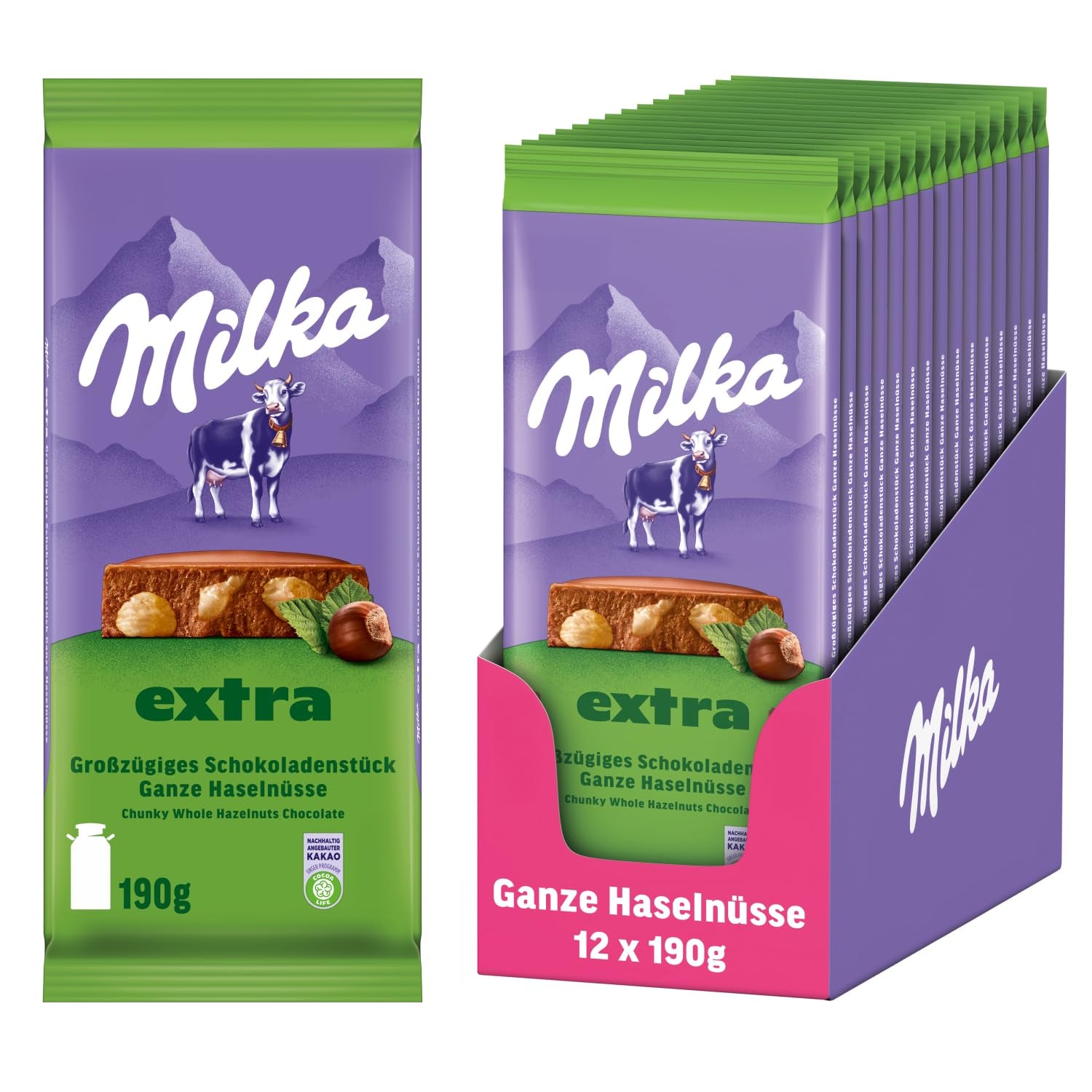 Celé lískové oříšky s čokoládou Milka Extra - Čokoláda z alpského mléka s křupavými celými lískovými oříšky - 12 x 190g