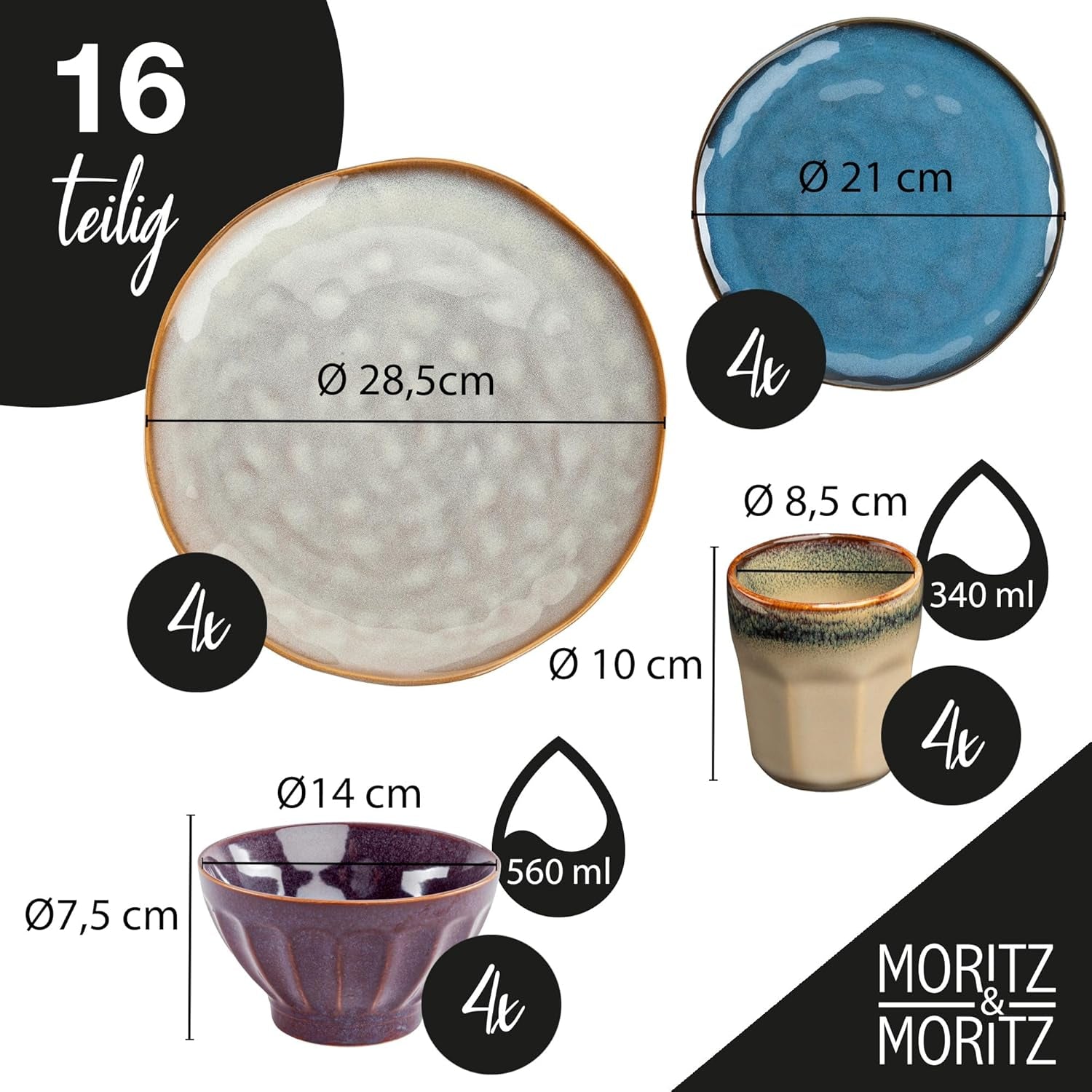Moritz & Moritz COPA 16-tlg Geschirrset 4 Personen - Elegantes Teller Set aus hohrstandigem Steinzeug - Geschirr Set 4 Personen aus je 4x Večeře, Dessertteller, Müslischale & Kaffeebecher
