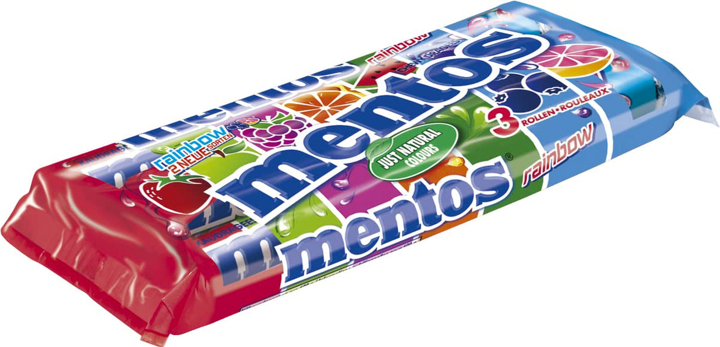 Ovocné dražé Mentos Pomeranč Citron Jahoda Sladkosti s příchutí žvýkacího ovoce (3 rohlíky), Veganské (balení po 3)
