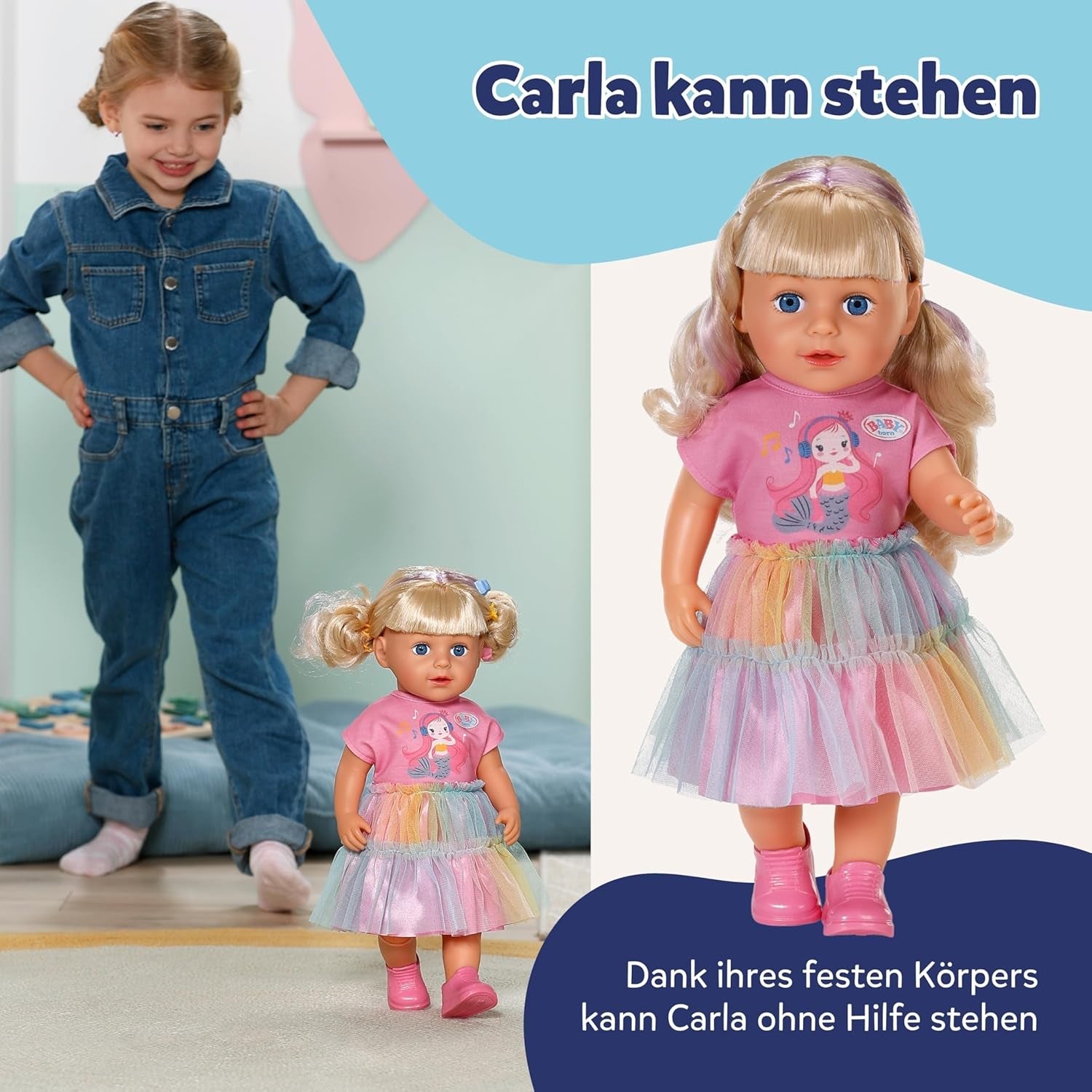BABY born Carla - 43 cm panenka - kvalitní blond vlasy s pramínky - nejsou potřeba baterie - vhodné pro děti od 4 let - obsahuje 7 doplňků, růžová