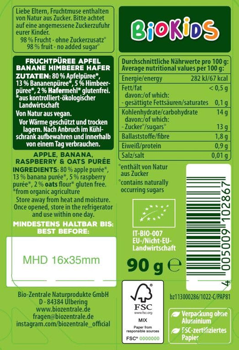 biocentral BioKids Ovocné pyré Jablko Banán Malina Oves | 12 x 90 g | Ovocná svačina bez přidaného cukru | Veganské