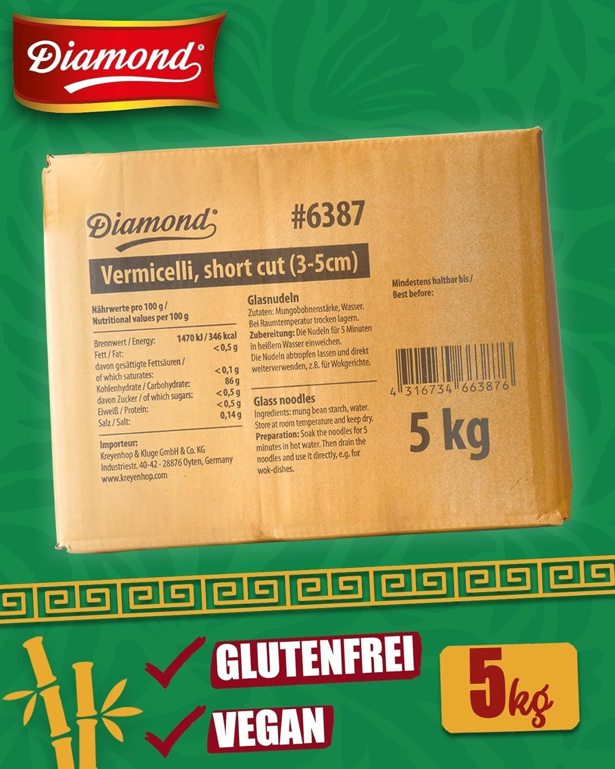 DIAMANTOVÉ skleněné nudle, krátké skleněné nudle z mungo fazolového škrobu, přirozeně veganské a bez lepku - 1 x 5 kg