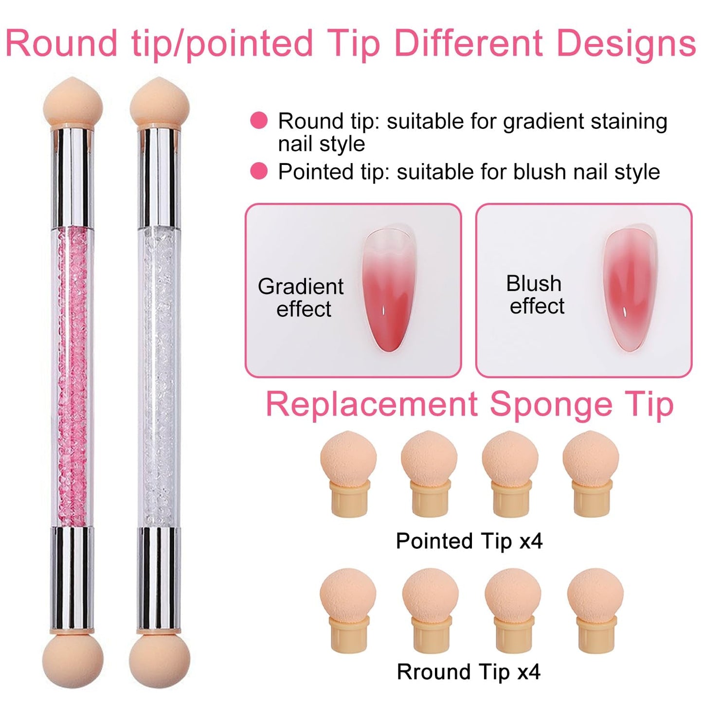2 Stück Nail Art Rendering-Werkzeuge Doppelter Kopf, Sponge Brush Applicator Inkl 8 Ersatzköpfe, Nail Art Schwamm Und Tupfpinsel (Weiß, Rosa)