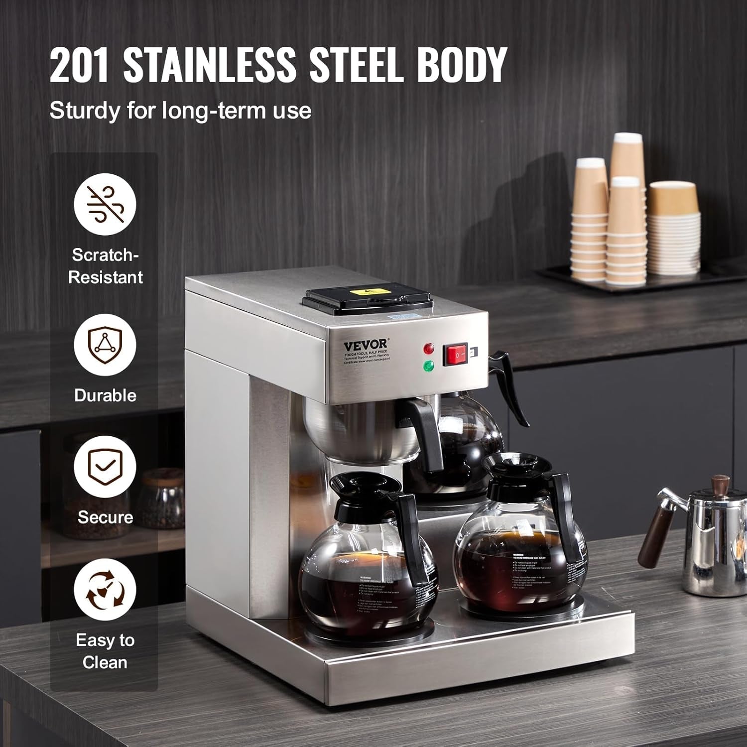 Komerční kávovar na espresso s filtrem na 12 šálků VEVOR se 3 skleněnými karafami a 3 topnými deskami Espresso kávovar z nerezové oceli s automatickým přívodem vody pro kancelářskou restauraci Kavárna