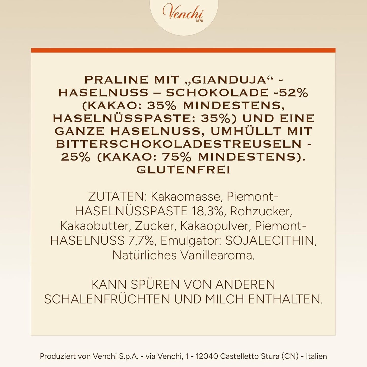 Venchi – Chocoviar Gianduia, pralinky v 1 kg sáčku, čokoláda Gianduia vyráběná výhradně z "lesních lískových oříšků Piemontu", bez lepku, bez umělých barviv a bez konzervantů