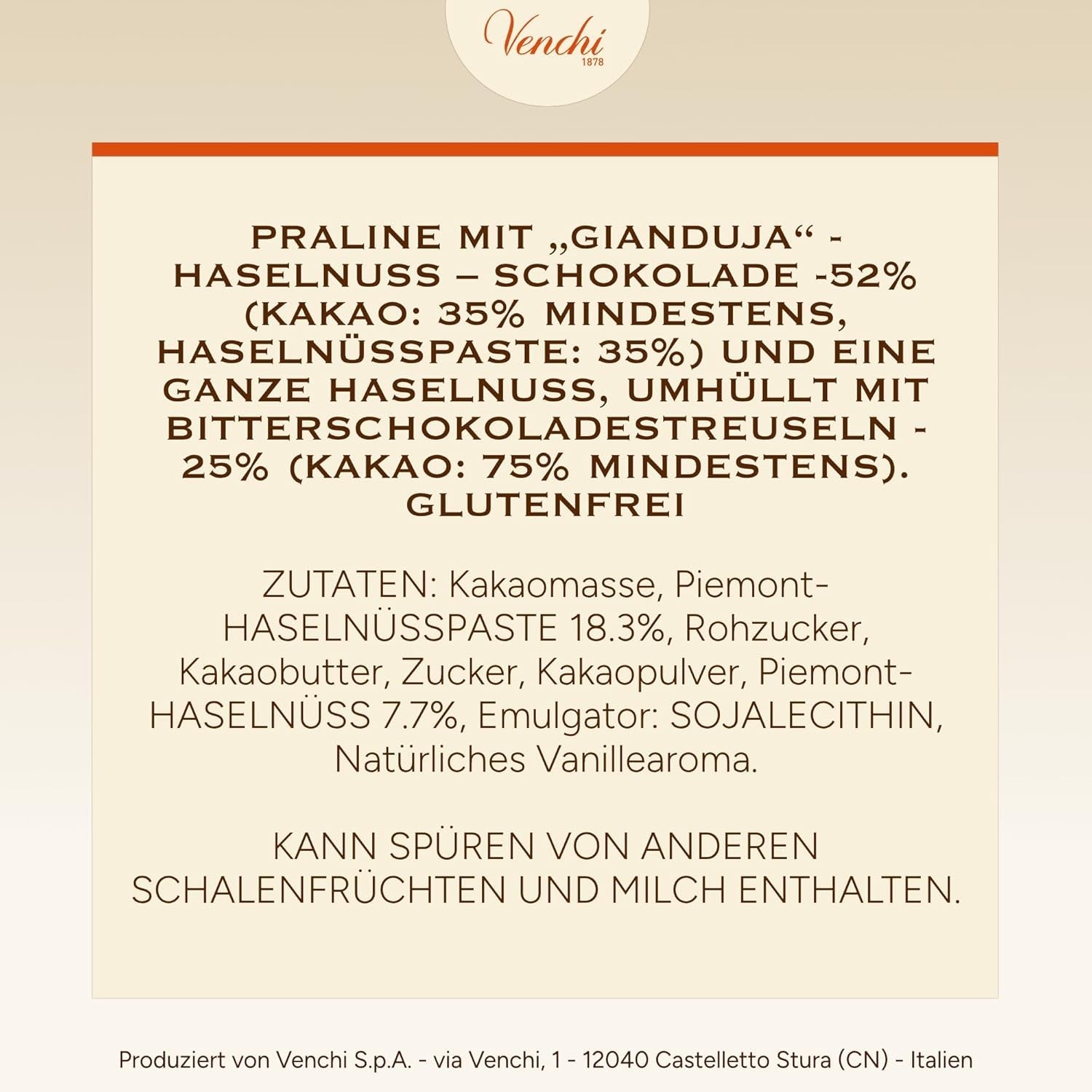 Venchi – Chocoviar Gianduia, pralinky v 1 kg sáčku, čokoláda Gianduia vyráběná výhradně z "lesních lískových oříšků Piemontu", bez lepku, bez umělých barviv a bez konzervantů
