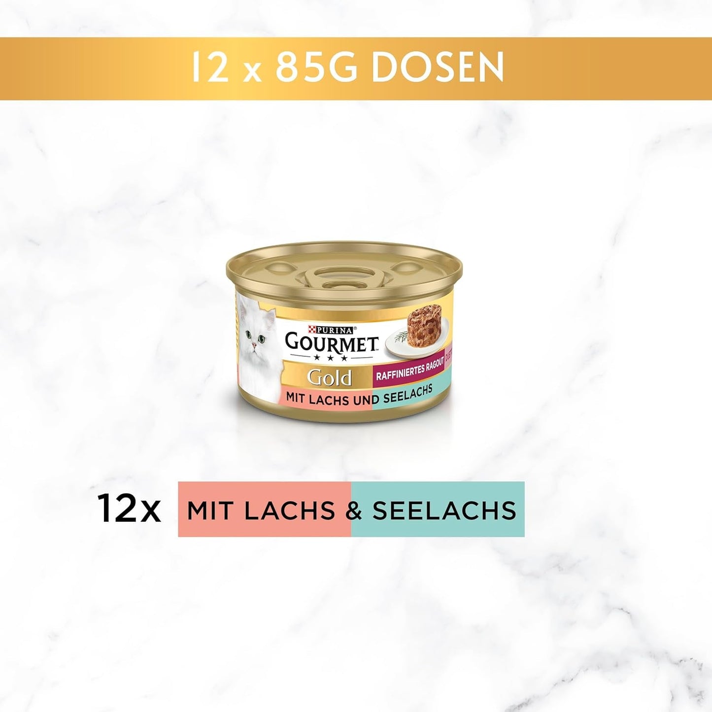 Gurmánské zlaté rafinované ragú Duetto s lososem a žlutou treskou Mokré krmivo pro kočky 12 balení (12 x 85 g)