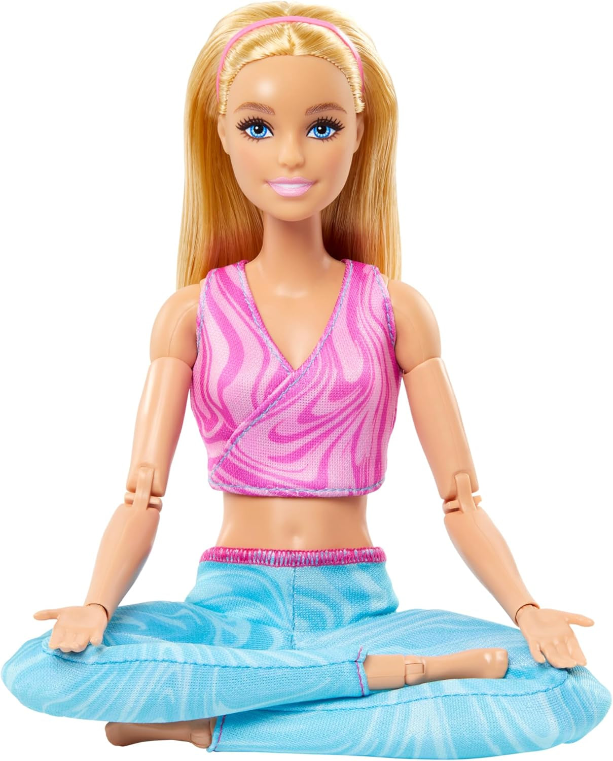 Panenka Barbie stvořená k pohybu s blond vlasy, odnímatelný růžový sportovní top a modré kalhoty na jógu, 22 kloubů, HRH27, [vícebarevné]